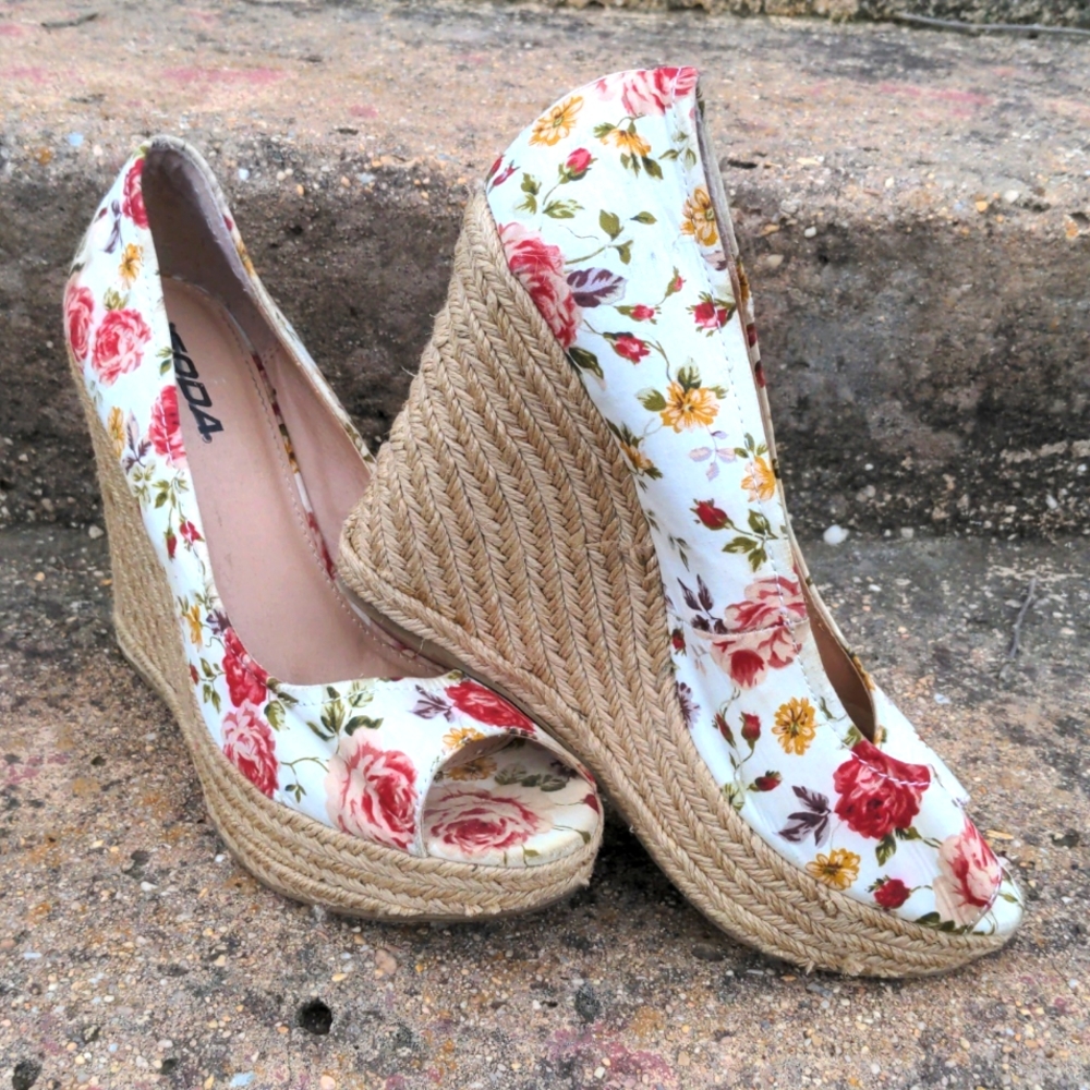 Soda White Floral Espadrille Wedge Heels with Pink & Yellow Roses